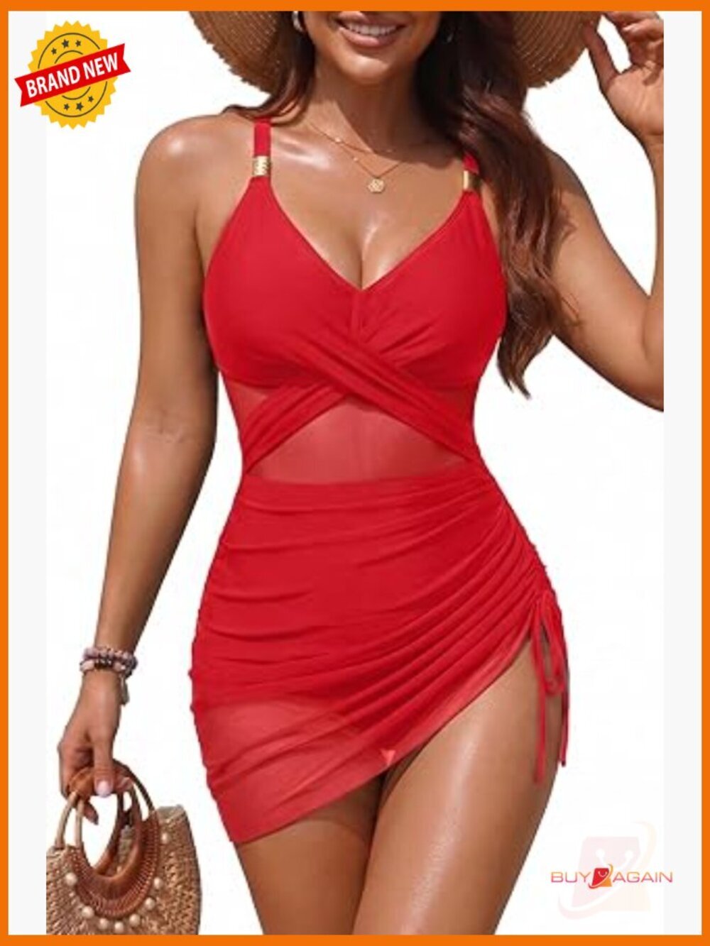 One Piece Swim Dress V Neck Tummy Control Skirted Bathing Suit Mesh Swimdress